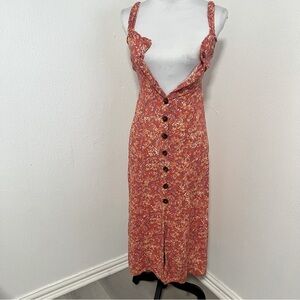 JAPNA Women Orange Floral Buttoned-Down Midi Dress Small Brown Buttons Vacation